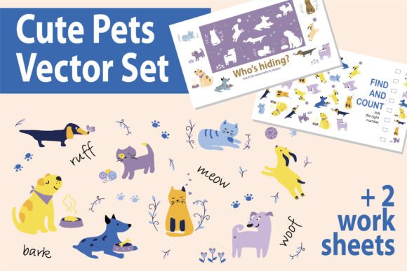 Download Cute Pets Vector Set + Worksheets - Pet Collection