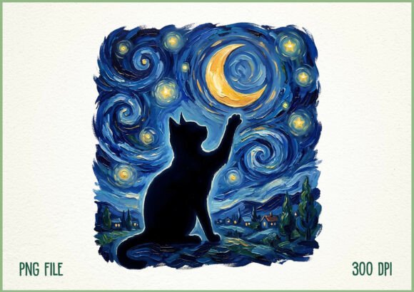 Download Starry Night Cat Painting Moon PNG - Night Collection