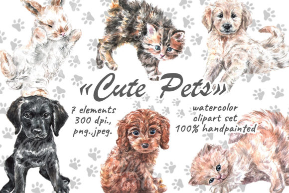 Download Cute Pets Watercolor Clipart - Pet Collection