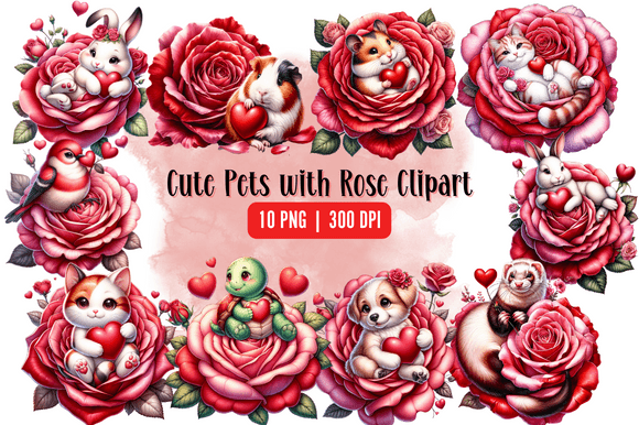 Download Watercolor Cute Pets with Rose Clipart - Pet Collection
