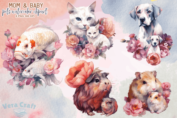 Download Mom &amp; Baby Pets Watercolor Clipart - Pet Collection