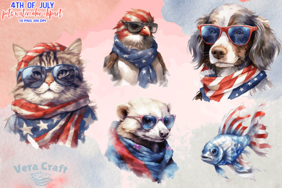 Download 4th of July Pets Watercolor Clipart - Pet Collection