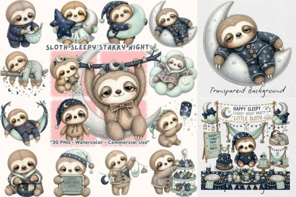 Download Sleepy Sloth Starry Night Watercolor - Night Collection