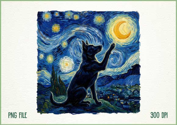 Download Starry Night Dog Painting Moon PNG - Night Collection
